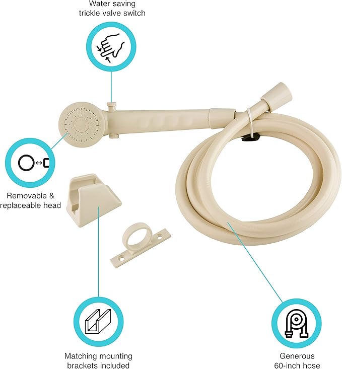 Dura Faucet (DF-SA130-BQ) RV High Pressure Shower Head and 60-inch Hose Kit - Water-Saving Trickle Switch (Bisque Parchment)
