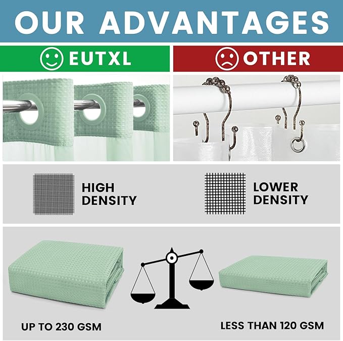 Mint Green No Hook Shower Curtain with Snap in Liner,230GSM Waffle Weave Shower Curtains for Bathroom,71W x 74H