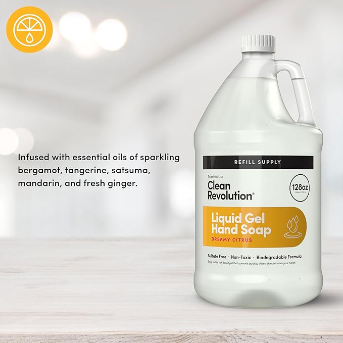 Clean Revolution Liquid Gel Hand Soap, Silky Rich Liquid, Quick Lather, Fast Rinsing, Contains Real Essential Oils (Dreamy Citrus) 128 Fl Oz