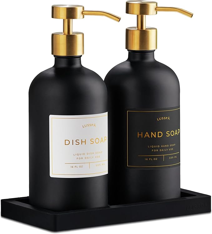 Lotion, Hand & Dish Soap Dispenser for Kitchen Sink - Bathroom Soap Dispenser Set of 2 16.8 Oz Glass Bottles with Stainless Steel Pump, 15 Water Proof Labels & Silicon Tray (Black/Gold)