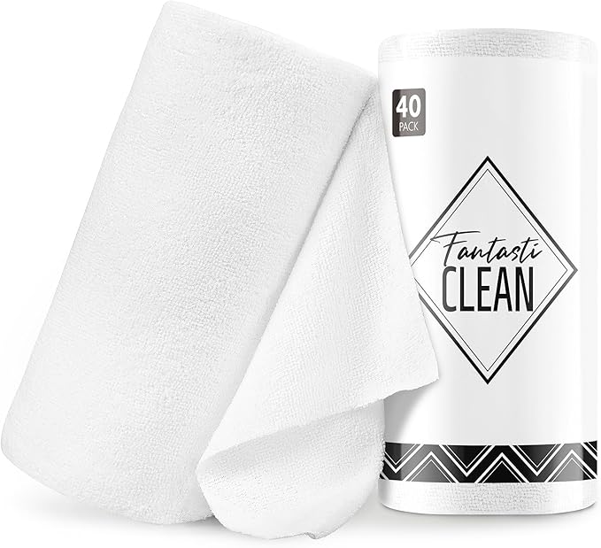 Fantasticlean Microfiber Cleaning Cloth Roll -40 Pack, Tear Away Microfiber Towels, 12" x 12", Reusable, Washable, Scratch Free, Ultra Absorbent Dishcloth for Car, Home Supplies, Pet, Kitchen (White)