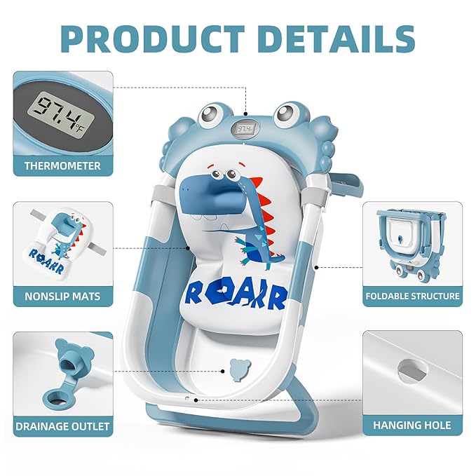 Collapsible Baby Bathtub for Newborns to Toddler with Real-time Temp Monitor & Floating Cushion,Portable Travel Tub for 0-36 Month, Foldable Baby Bath Tub for Infants Boy (Light Blue)