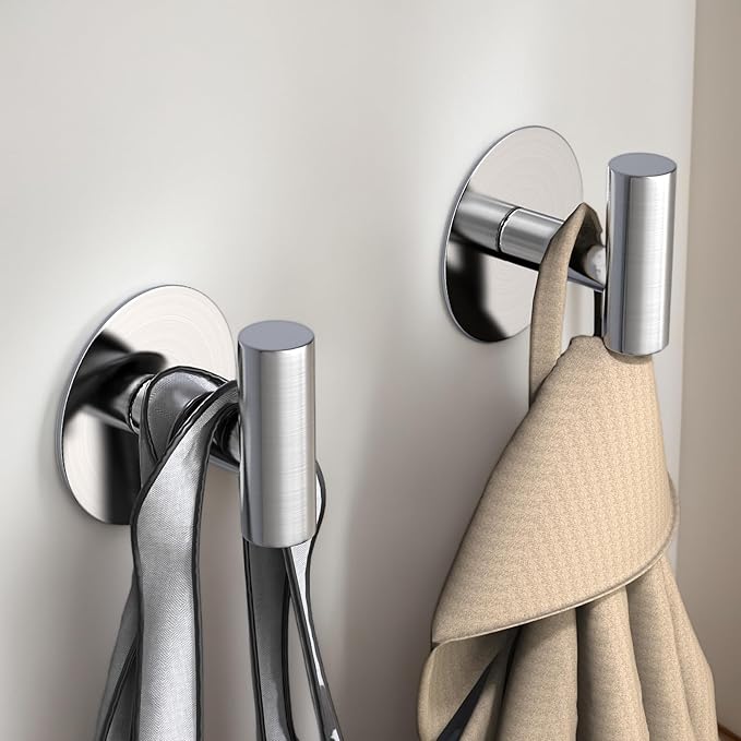 Heavy Duty Self-Adhesive Coat Hooks, Stainless Steel Towel Hooks for Bags, Towels, Robes, Hats, Aprons – No Drill Bathroom, Kitchen, Hotel Wall Hooks (2 Pack, Silver)