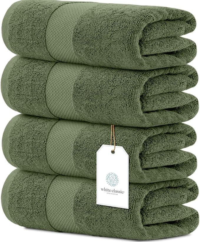 White Classic Luxury 4-Piece Large Bathroom Towel Set - 700 GSM Cotton Ultra Soft Towels 27x54 | High Absorbency & Quick Dry | Hotel Plush Dark Green Towels