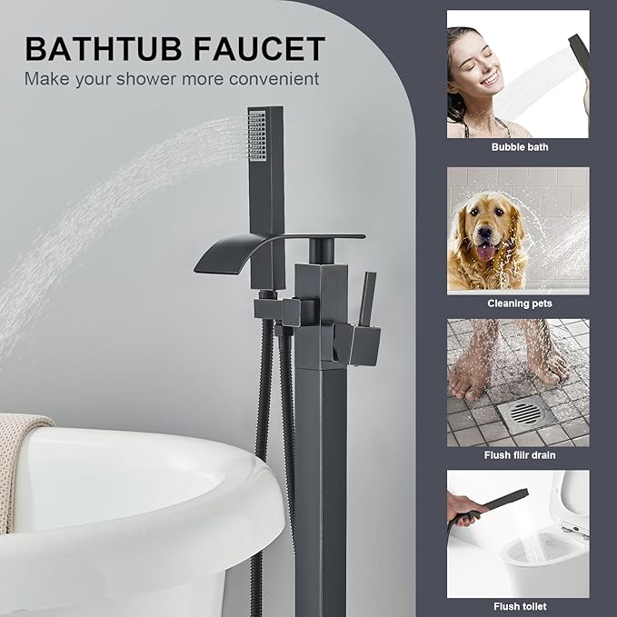 Senlesen Barthroom Tub Filler Faucet Floor Mounted Bathtub Shower Faucet Waterfall Spout Free Standing Tub Mixer Tap with Handheld Sprayer