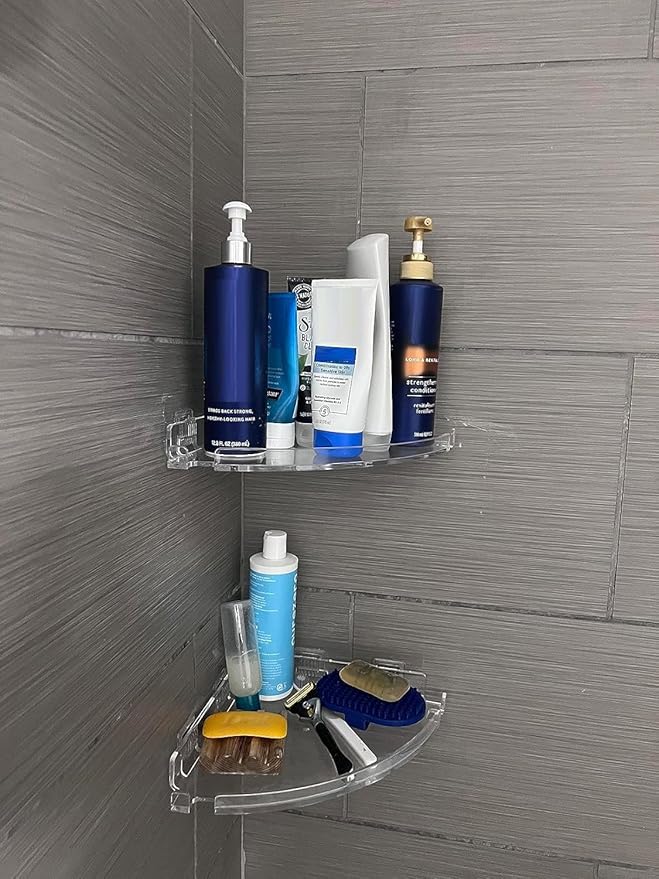 JiePai Acrylic Corner Shower Caddy Shelf with Hooks 2 Pack, Adhesive Wall Mounted Bathroom Shower Organizer for Inside Shower & Kitchen Storage, Space-Saving Design