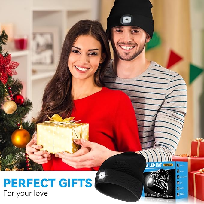 Christmas Stocking Stuffers for Men Adults, Beanie Hats with Light, USB Rechargeable LED Hand Free Headlamp, Birthday Gifts for Men, Women, and Teens, Ideal for Camping, Hiking, Black