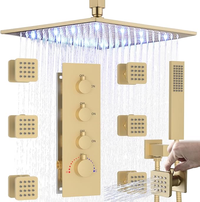 Enga Brushed Gold Shower Jets System, 16 Inch LED Rainfall Shower Faucet Set Body Spray with On-off Switch, Thermostatic Shower System Work At the Same Time