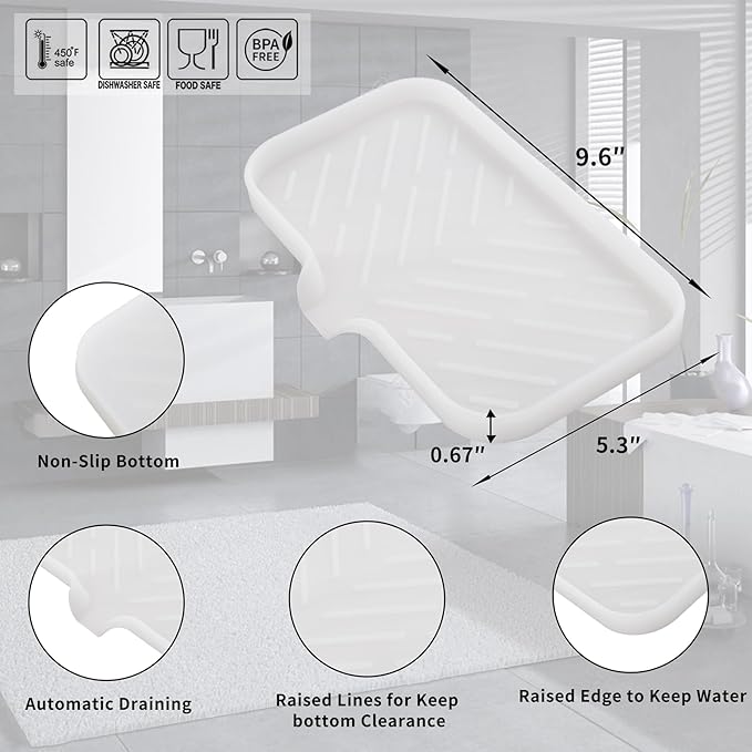 Silicone Bathroom Soap Dishes with Drain Spout-Bathroom and Kitchen Sink Organizer,Sponge Holder,Dish Soap Tray,Perfect for Dispenser,Scrubber,Bottle,Cup on Counter Translucent 9.6"×5.3"