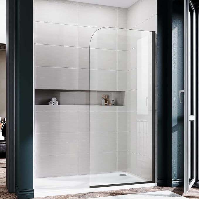 Glass Shower Panel, 34" W x 78" H Semi-Framed Fixed Shower Glass Panel in Matte Black with 5/16"(8mm) Clear Tempered Glass Door, Simple Shower Door Panel for Bathroom
