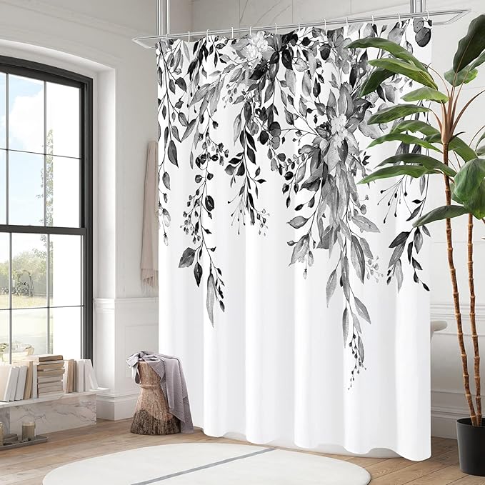 Gibelle Extra Long Shower Curtain 72 x 84, Black and White Floral Shower Curtain, Watercolor Plant Eucalyptus Leaves Fabric Shower Curtain Set