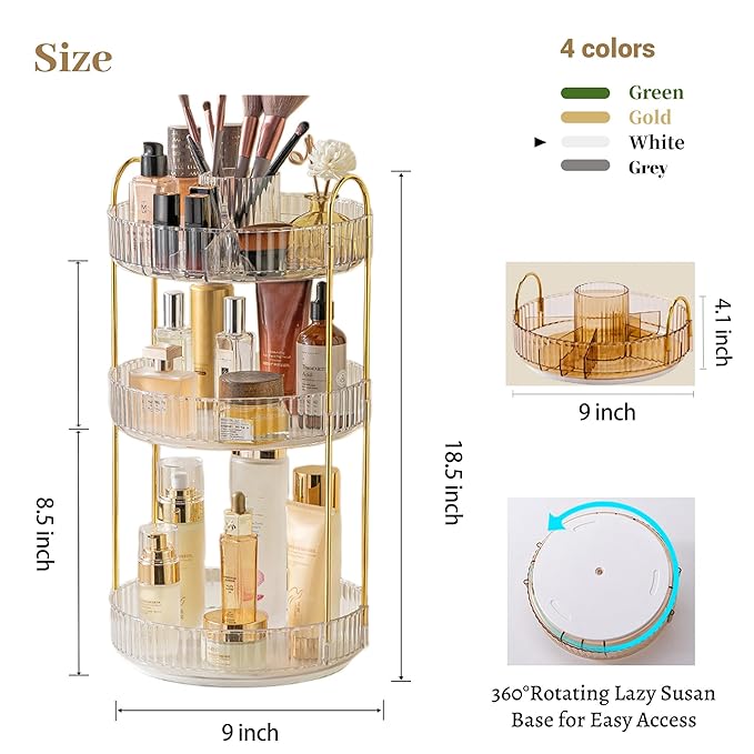 Aveniee 360° Rotating Makeup Organizer for Vanity, Perfume Skincare Bathroom Countertop Organizers, 3 Tier Spinning Skincare Storage with Brush Holder for Lipstick Cosmetic Lotion,White