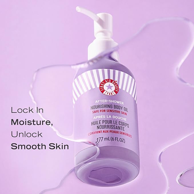 First Aid Beauty - After-Shower Nourishing Body Oil, Hydrates Skin & Locks In Moisture with Skin-Loving Lipids Jojoba Seed and Grapeseed Oil, Safe for Sensitive Skin, 6 oz