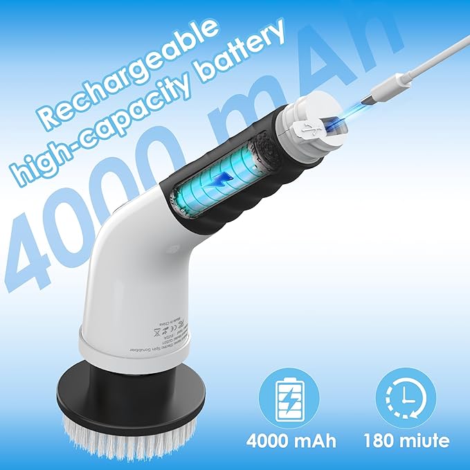 Electric Spin Scrubber, Cordless Cleaning Brush with 180 Min Runtime, 3-Speed, 7 Replaceable Brush Heads & Long Detachable Handle, LCD Display (RPM/Torque/Battery), for Bathroom, Kitchen, Tile