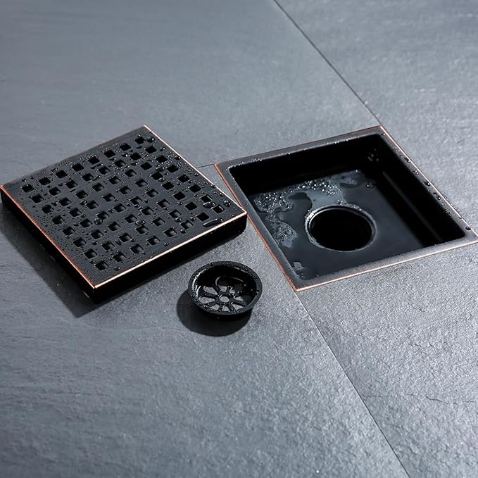 RANDOM 6 Inch Square Shower Floor Drain with Oil Rubbed Bronze Removable Quadrato Pattern Grate, PVC Shower Drain Base Flange,Include Hair Strainer,SUS 304 Stainless Steel