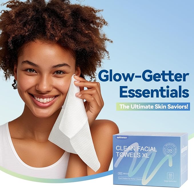 Winner Face Towels, 100% USDA Biobased Facial Towelettes XL, Disposable Face Towel for Sensitive Skin, Ultra Soft Makeup Remover Dry Wipes, Odor-Free, 55 Count, 1 Pack