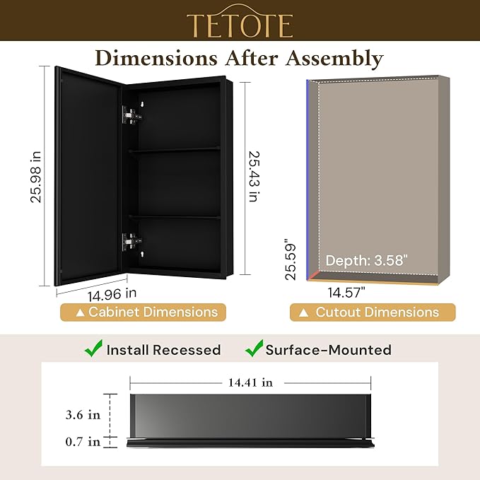 TETOTE 15 x 26 Medicine Cabinet with Tempered Beveled Mirror Black Bathroom Mirror with Storage Aluminum Cabinet DTC Hinges, Stepless Adjustable Shelves, Recessed/Surface-Mounted
