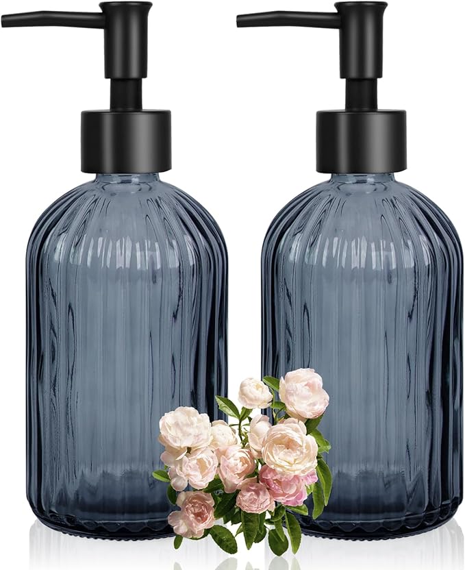 Glass Soap Dispenser with Plastic Pump, Hand Soap Dispenser for Hand Wash, Lotion Dispenser for Dishwashing Liquid, Lotion Shower Gel (Striped Blue Grey)
