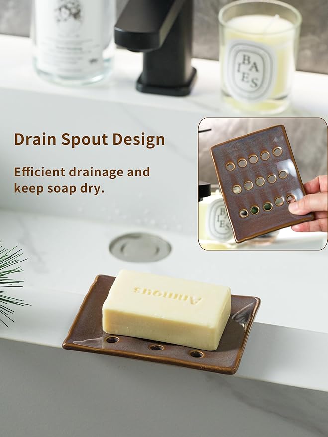 Soap Holder, Ceramic Soap Dish for Shower, Japanese Soap Tray with Self Drain for Sponges, Bath Tub, Bathroom, and Kitchen Sink, Purple