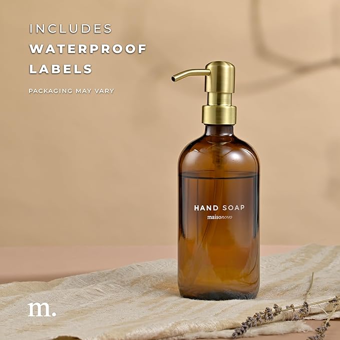 MaisoNovo Soap Dispenser 1-Piece Set | 16.9oz Amber Bottles with Gold Stainless Steel Pump