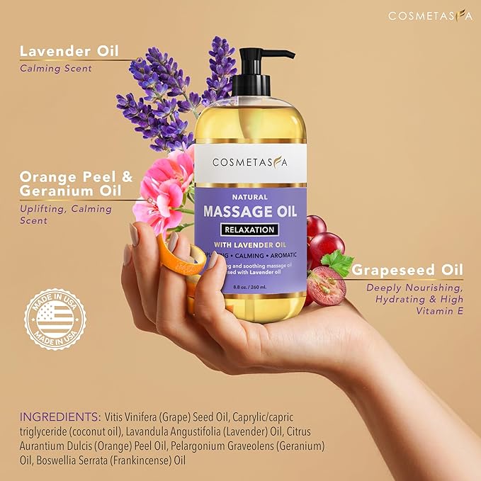 Cosmetasa Lavender Massage Oil for Massage Therapy with Roller - All Natural, Cruelty-Free & Spa Quality Skin Therapy Oil & Soothing Care - Lavender, Geranium & Grapeseed Oil (8.8 oz)