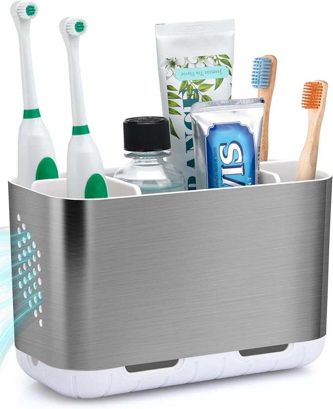 Toothbrush Holders for Bathroom Organizer Countertop, Detachable Anti-Slip Large Electric Toothbrush Holders, Brushed Nickel Toothbrush and Toothpaste Storage Caddy Drainage for Family, Kids