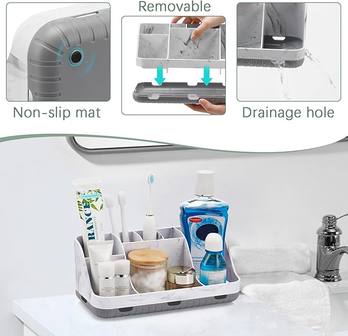 Marble Bathroom Countertop Organizer - Detachable 7 Slots Kids Electric Toothbrush and Toothpaste Holde Drainage for Bathroom Accessories Organization Counter Vanity Storage, Grey