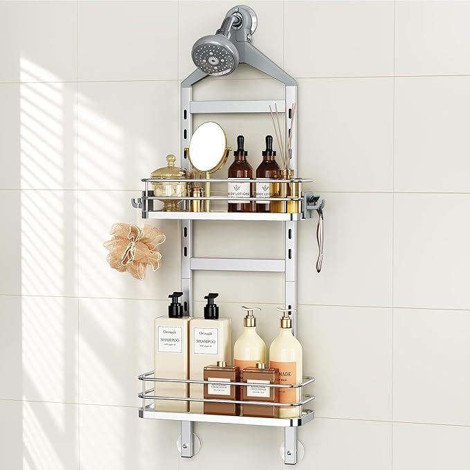 Orimade Aluminum Hanging Shower Caddy Over Head, Adjustable Bathroom Shelf with Hooks, Anti-Slip Rustproof Organizer Storage Rack Basket, Silver, 2 Tier