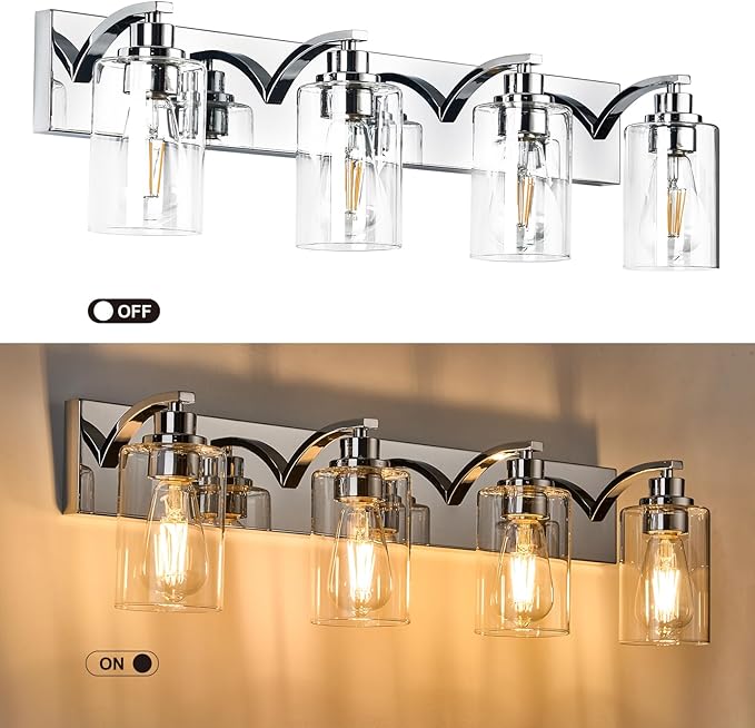 4-Light Bathroom Light Fixtures Modern Chrome Vanity Lights for Bathroom Lighting Fixtures Over Mirror with Clear Glass Shade for Cabinet Mirror Bedroom Hallway