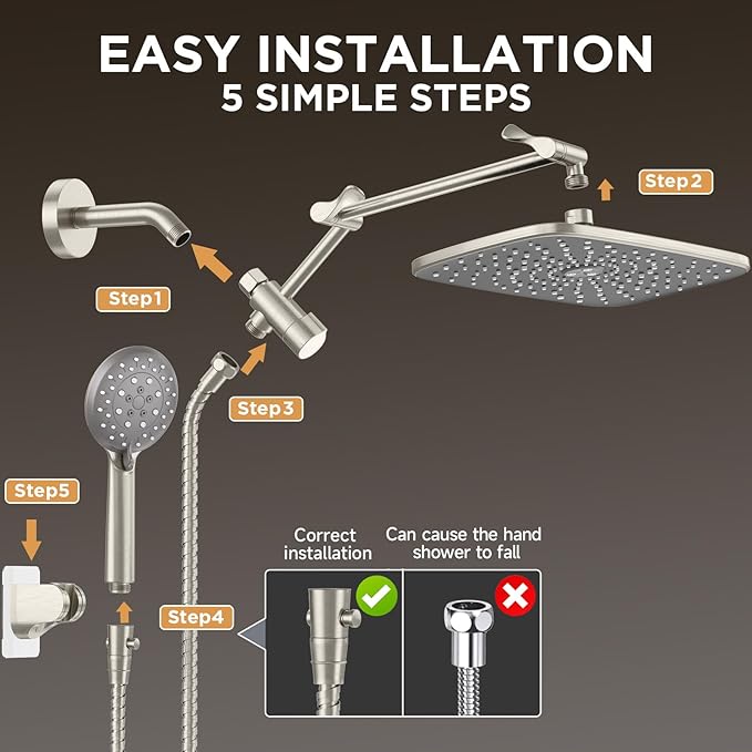 Veken Wide Brushed Nickel Rain Shower Head with Handheld, High Pressure Rainfall Showerhead Combo with Arm for Bathroom Accessories, Home Decor, Detachable Dual Shower with Multi Modes Handheld Spray