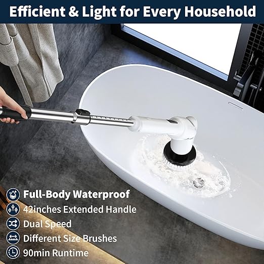 Electric Spin Scrubber - Cordless Cleaning Brush with Digital Display, 2 Speeds, 8 Brush Heads, IPX7 Waterproof, Adjustable Long Handle for Bathroom, Tub, Tile, Shower, and Car
