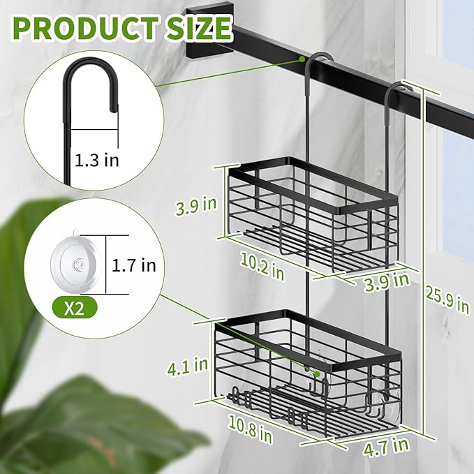 SHANSHUI Shower Hanging Caddy, Double Bathroom Showers Organizer Basket, Shampoo Bracket, Over Door Shower Rack with Hooks, 304 Stainless Steel Rustproof