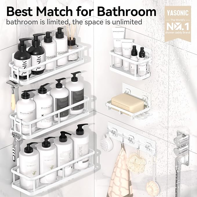 YASONIC Shower Caddy, 6 Pack Large Capacity shower organizer with Soap Holder and 12 Hooks, Rustproof Shower Shelves for Inside Shower, No Drilling&Sleek Bathroom Organizers and Storage White