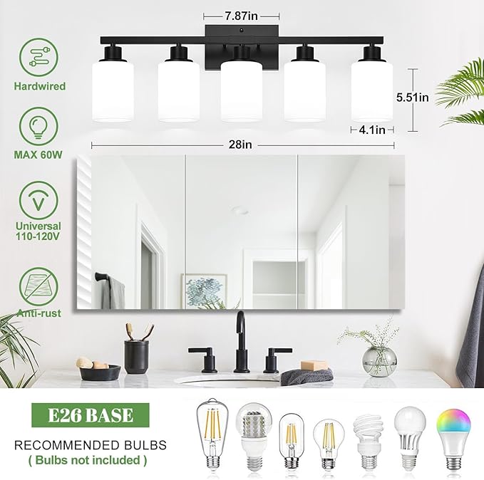 5-Light Bathroom Light Fixtures, Vanity Light with Milky White Shades, Matte Black Bathroom Light Fixtures Over Mirror, Modern Bathroom Wall Lamp for Mirror Living Room Cabinet Bedroom