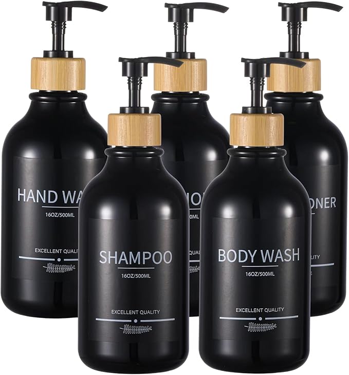 Shampoo and Conditioner Dispenser Bottles,5Pack Dispenser Bottles Refillable,16.9oz Shower Containers for Conditioner,(Black) Bathroom Shampoo Dispenser Set