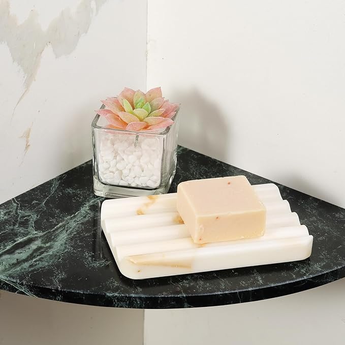 Koville Natural Marble Soap Dish for Bathroom Shower, White Gold Marble Soap Tray for Bathroom, Stone Soap Tray for Sink, Stripe Grooves Soap Saver Keep Soap Bars Dry Easy Clean