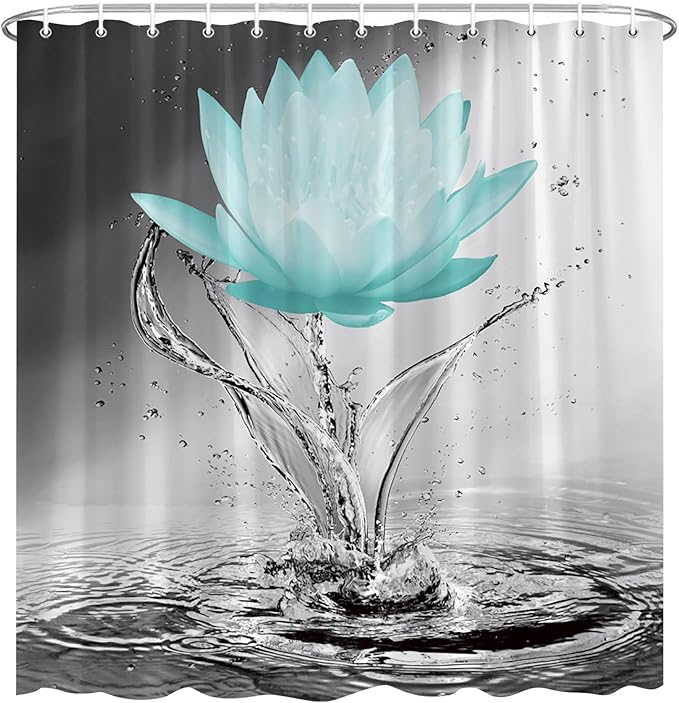 Lotus Shower Curtain Black White Grey Teal Flower Elegant Blooming Floral with Dew Spring Flower Reflection on Water Modern Romantic Polyester Fabric Bathroom Decor 108×70 Inch with Hook