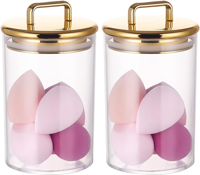 2 Pack 24 oz Medium Acrylic Storage Apothecary Jar with Gold Airtight Lid | Bathroom Vanity Organizer Containers | Ideal Decorative Canisters for Shells, Bath Salt, Grains, Cotton Ball, Flossers