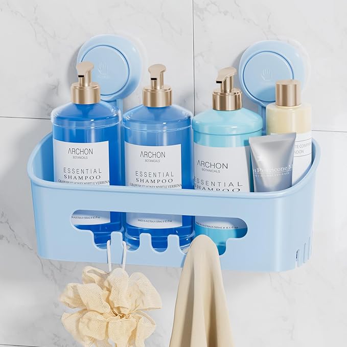 LEVERLOC Shower Caddy Suction Cup, Shower Organizer Removable Bathroom Shelf, Storage Suction Powerful Max Hold 22lbs Bathroom Caddy Waterproof Holder, Blue