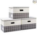 PRANDOM Large Collapsible Storage Bins with Lids [3-Pack] Fabric Foldable Storage Boxes Organizer Containers Baskets Cube with Cover for Home Bedroom Closet Office Gray plaid & Cream(17.7x11.8x11.8)
