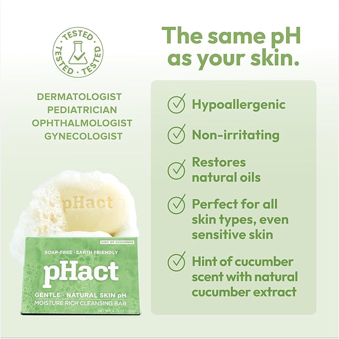 ANDREW LESSMAN pHact Moisture-Rich, Soap-Free Cleansing Bar Cucumber. Natural Skin pH. All Skin Types - Even Sensitive Skin. Hypoallergenic. Dermatologist Tested. 3 - Pack 4.25 oz each