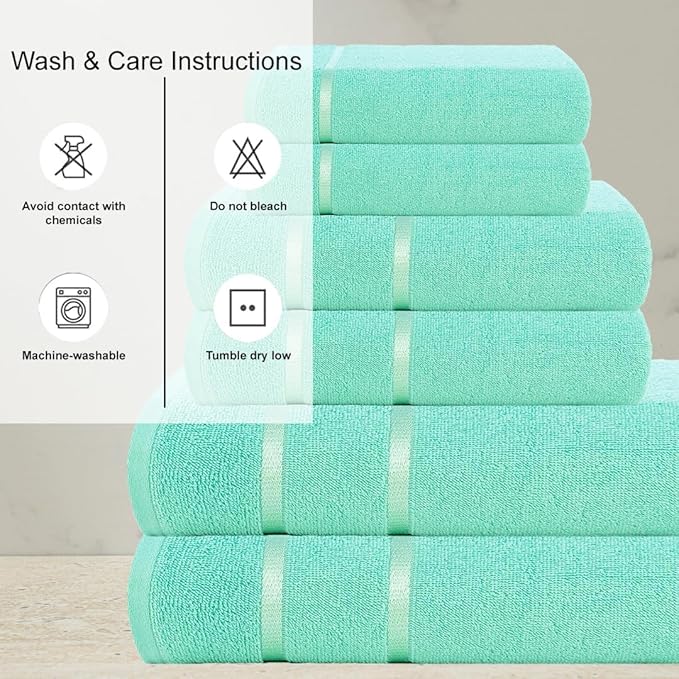 CASA COPENHAGEN Eternal 6 Pieces Towel Set- Aqua Blue, 500 GSM 2 Bath Towel 2 Hand Towel 2 Washcloth, Designed in Denmark Made of Soft Egyptian Cotton for Bathroom, Kitchen & Shower