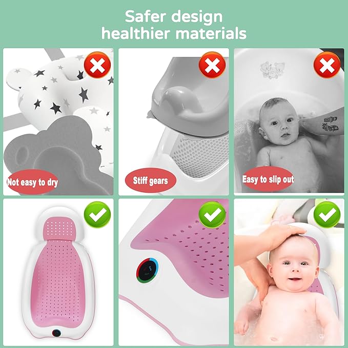 Baby Bath Support | Newborn Bathtub, With Thermometer, Collapsible, Ergonomically Designed, Baby Tubs for Newborn Essentials Must Haves (Pink)