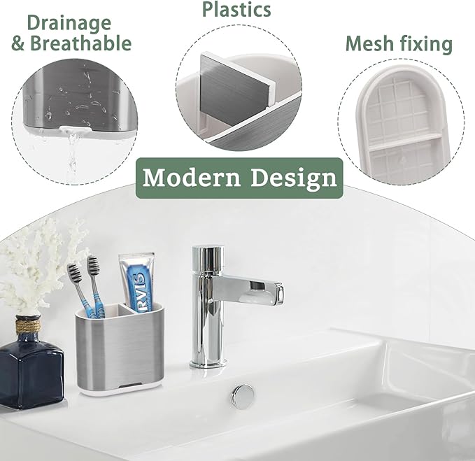 Toothbrush and Toothpaste Holder with Divider for Bathroom Countertop Organizer, 2 Slots Electric Toothbrush Holders Storage Caddy Drainage for Family, Kids (Brushed Silver)