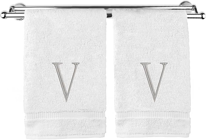 Monogrammed Hand Towel, Personalized Initial Gift, Extra Absorbent 100% Turkish Cotton - Soft Terry Finish - Set of 2 - Silver Block Initial V - Embroidered on White Towels