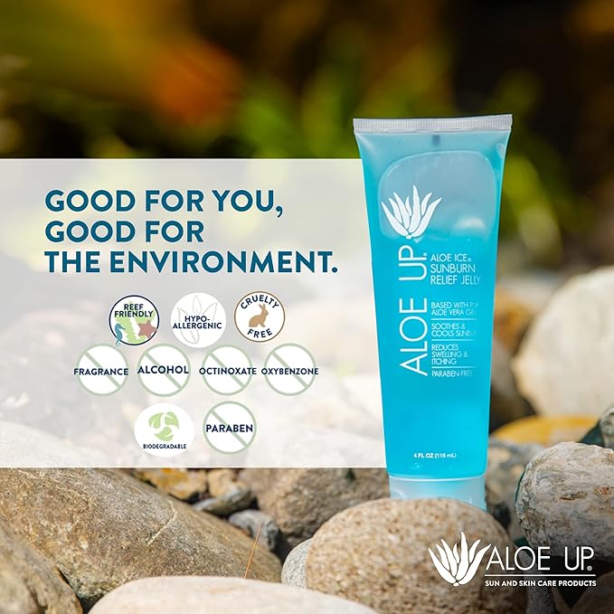 ALOE UP Aloe Ice Sunburn Relief Jelly - Face and Body Organic After Sun Gel - With 96.6% Pure Aloe Vera Gel - Reef Safe - Alcohol- and Fragrance-Free - 4 Oz