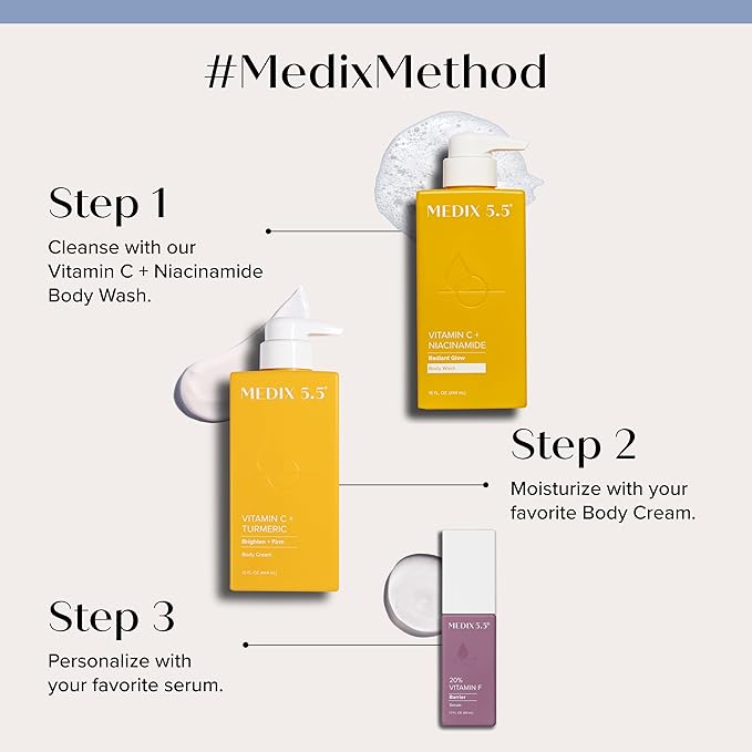 MEDIX Vitamin C Body Wash + Vitamin C Body Lotion & Face Moisturizer 2PC Skin Care Set | Anti Aging Lotion + Body Cleanser Skincare Set For Women, Men, & Smoother Looking Skin, 2-Pack
