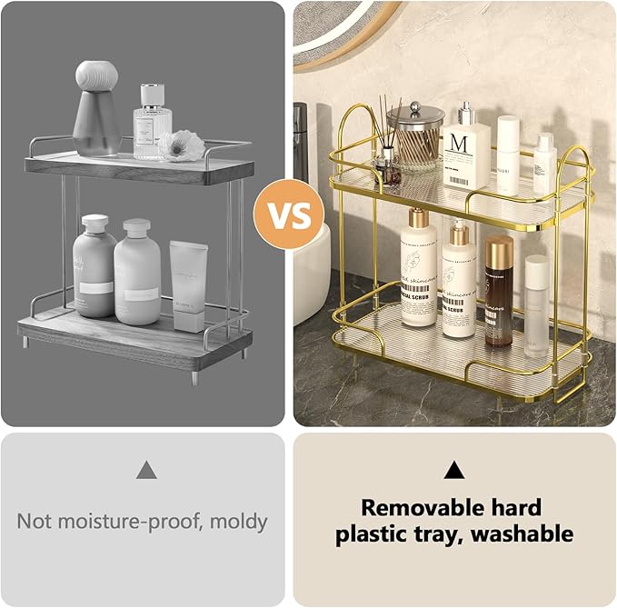 FOLLOWIN 2 Tier Countertop Organizer,Countertop Storage Perfume Tray,Vanity Counter Shelf,Bathroom Organizers and Storage Vanity,2-Tier Coffee Tray,Shine Gold