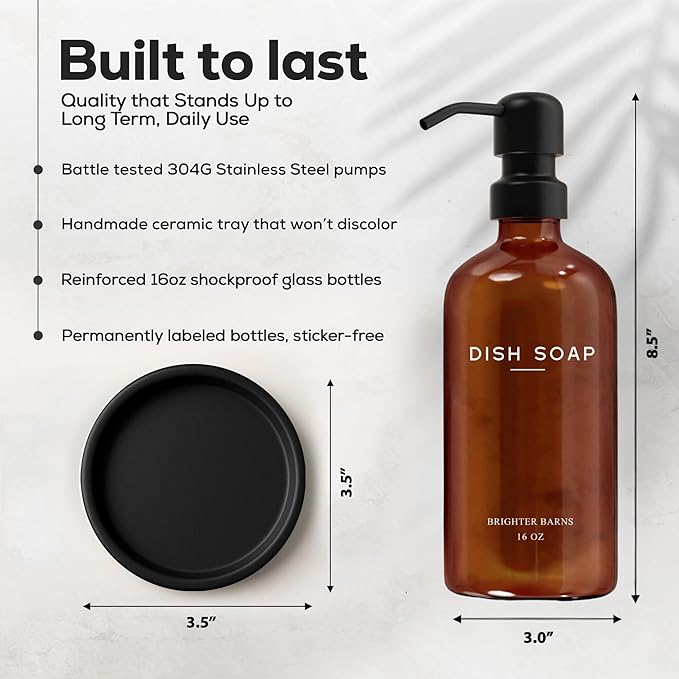 Amber Glass Dish Soap Dispenser for Kitchen Sink by Brighter Barns - Kitchen Soap Dispenser Set with Pump & Tray - Refillable Glass Bottle for Liquid - Modern Home Decor for Airbnb, Restaurant (Amber)