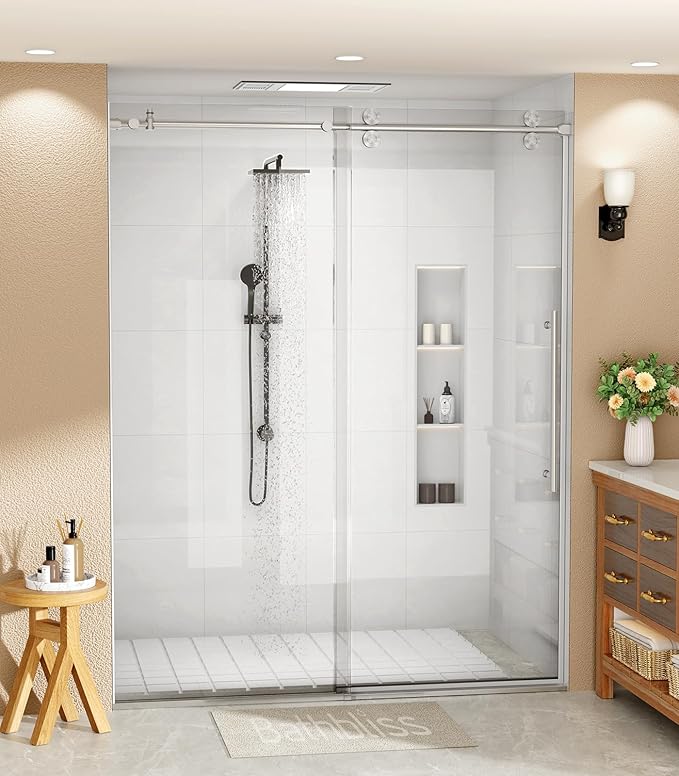 Bathbliss Glass Shower Door 44"-48" Wx76 H,Frameless Sliding Glass Door with 5/16"(8mm) Tempered Glass Shower with Brushed Nickel Finish